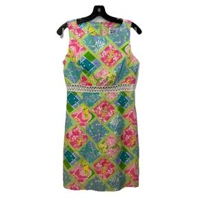 Vintage Lilly Pulitzer Sz 4 Pink Blue Shift Dress White Label Sleeveless Hippo